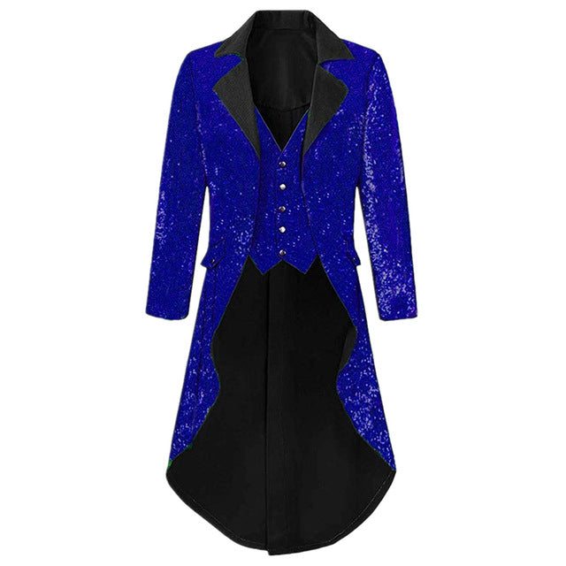 Mens Notch Lapel Gorgeous Sequin Tailcoat Jacket Cosplay Costume Party Colorful Blazer Coat For Big And Tall Men Long Steampunk