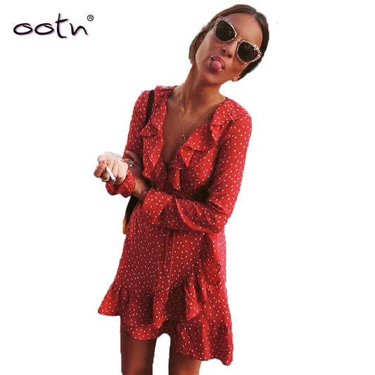 Bclout Red Ruffled Mini Warp Sun Dress Women Long Sleeve Short Stars Dresses Vintage Tunic Female 2019 Summer Sexy Black Blue