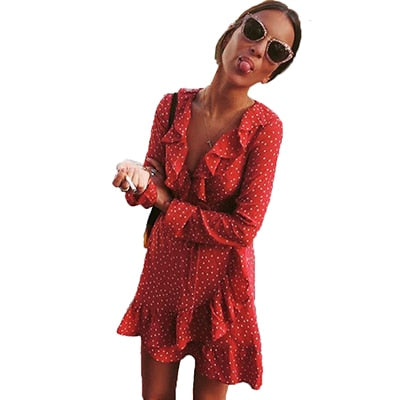 Bclout Red Ruffled Mini Warp Sun Dress Women Long Sleeve Short Stars Dresses Vintage Tunic Female 2019 Summer Sexy Black Blue