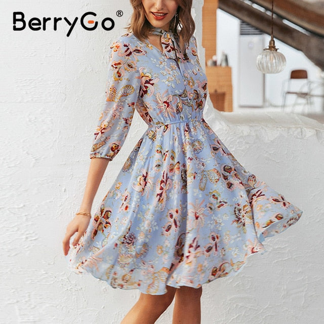 BerryGo Vintage floral print boho dress women Casual long sleeve spring chic party dress High waist work wear office lady dress