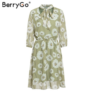 BerryGo Vintage floral print boho dress women Casual long sleeve spring chic party dress High waist work wear office lady dress