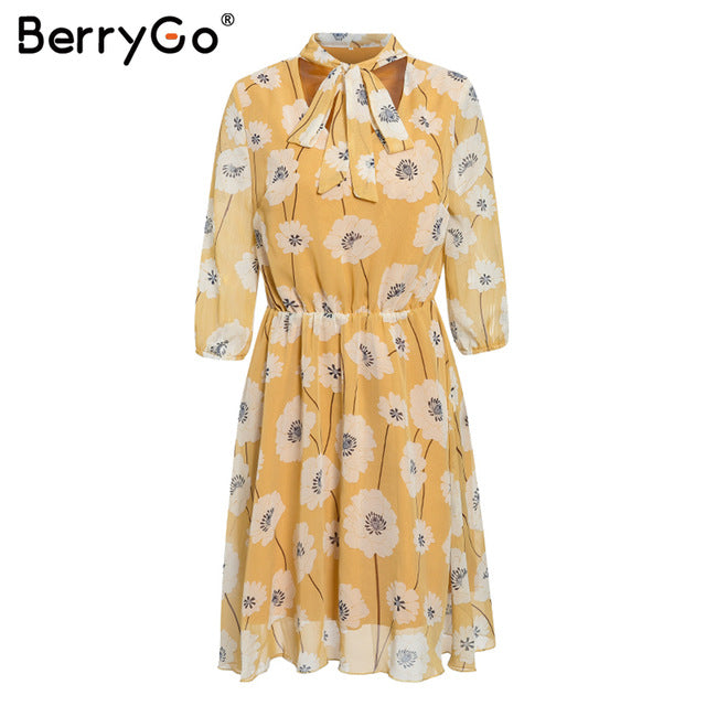 BerryGo Vintage floral print boho dress women Casual long sleeve spring chic party dress High waist work wear office lady dress
