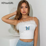 HEYounGIRL Casual Plush Spaghetti Strap Top Women White Cute Crop Tops Tees Embroidery Butterfly Cami Top Ladies Cotton Summer