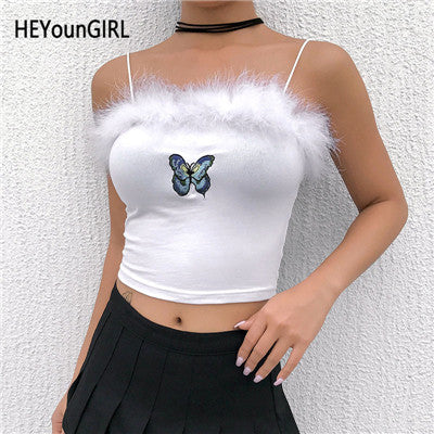 HEYounGIRL Casual Plush Spaghetti Strap Top Women White Cute Crop Tops Tees Embroidery Butterfly Cami Top Ladies Cotton Summer