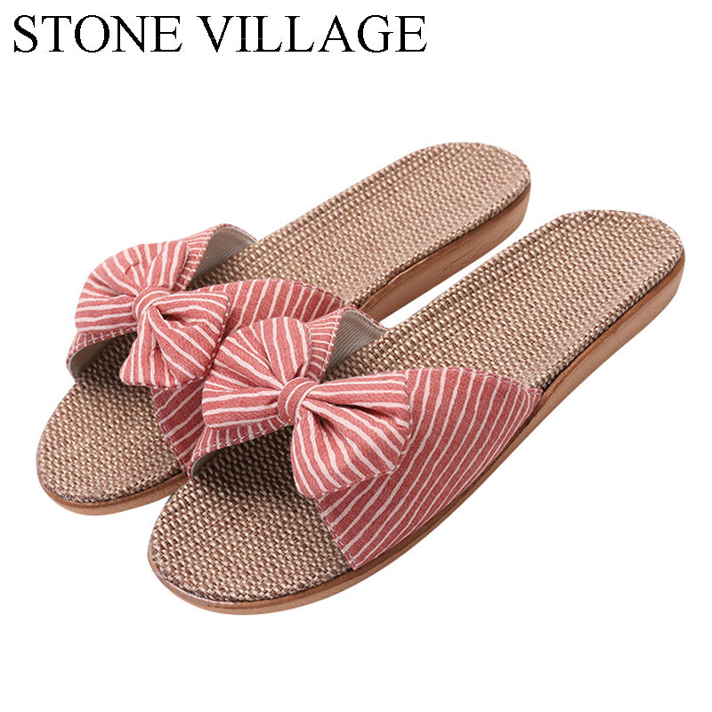 2020 New Eva Stripes Bow home slippers Cotton Indoor Shoes Japanese Style Linen Slippers  Slippers Women Flip Flops Shoes Women
