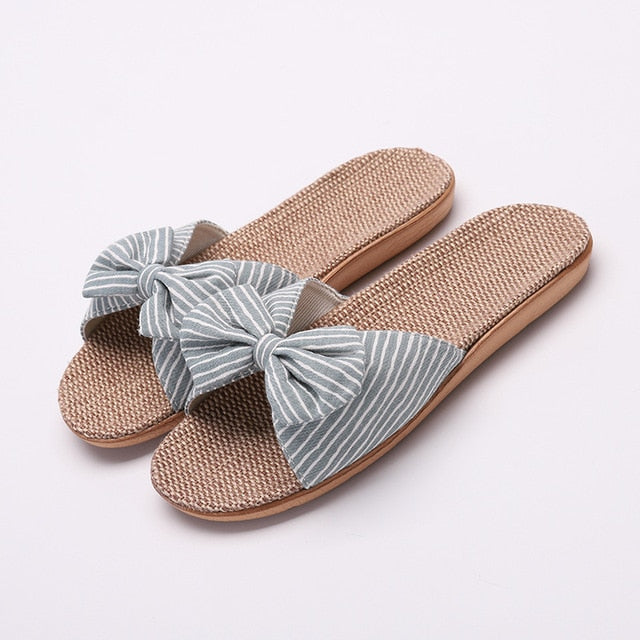 2020 New Eva Stripes Bow home slippers Cotton Indoor Shoes Japanese Style Linen Slippers  Slippers Women Flip Flops Shoes Women