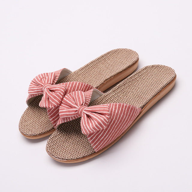 2020 New Eva Stripes Bow home slippers Cotton Indoor Shoes Japanese Style Linen Slippers  Slippers Women Flip Flops Shoes Women