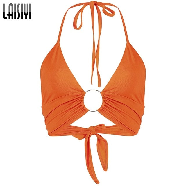 LAISIYI Sexy V Neck Hollow Out Crop Top Women New Solid Backless Velvet Camis Halter Tank Top Autumn Basic Tops Streetwear