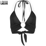 LAISIYI Sexy V Neck Hollow Out Crop Top Women New Solid Backless Velvet Camis Halter Tank Top Autumn Basic Tops Streetwear