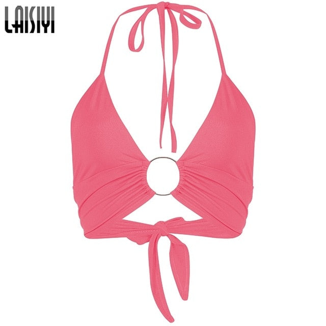 LAISIYI Sexy V Neck Hollow Out Crop Top Women New Solid Backless Velvet Camis Halter Tank Top Autumn Basic Tops Streetwear