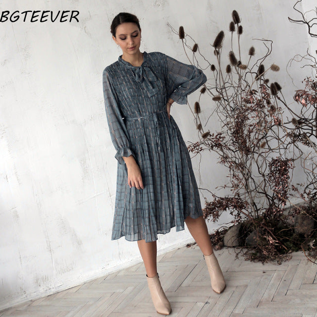 BGTEEVER Chic Bow Neck Plaid Dress Women 2020 Spring Flare Sleeve Lace-up Pleated Mid-calf Dress Female Chiffon Vestidos femme