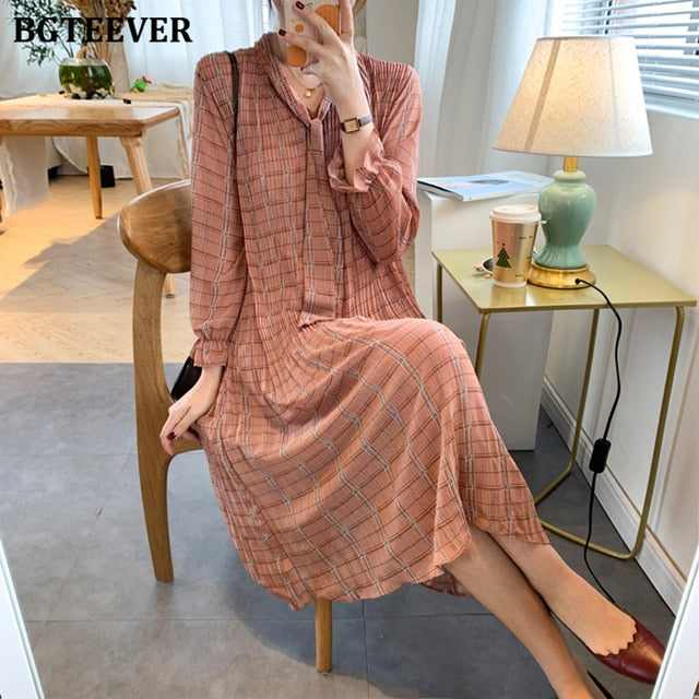 BGTEEVER Chic Bow Neck Plaid Dress Women 2020 Spring Flare Sleeve Lace-up Pleated Mid-calf Dress Female Chiffon Vestidos femme