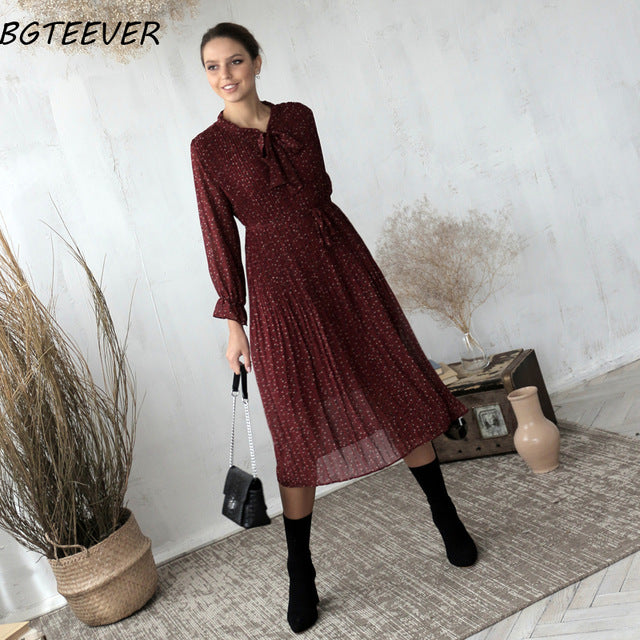 BGTEEVER Chic Bow Neck Plaid Dress Women 2020 Spring Flare Sleeve Lace-up Pleated Mid-calf Dress Female Chiffon Vestidos femme