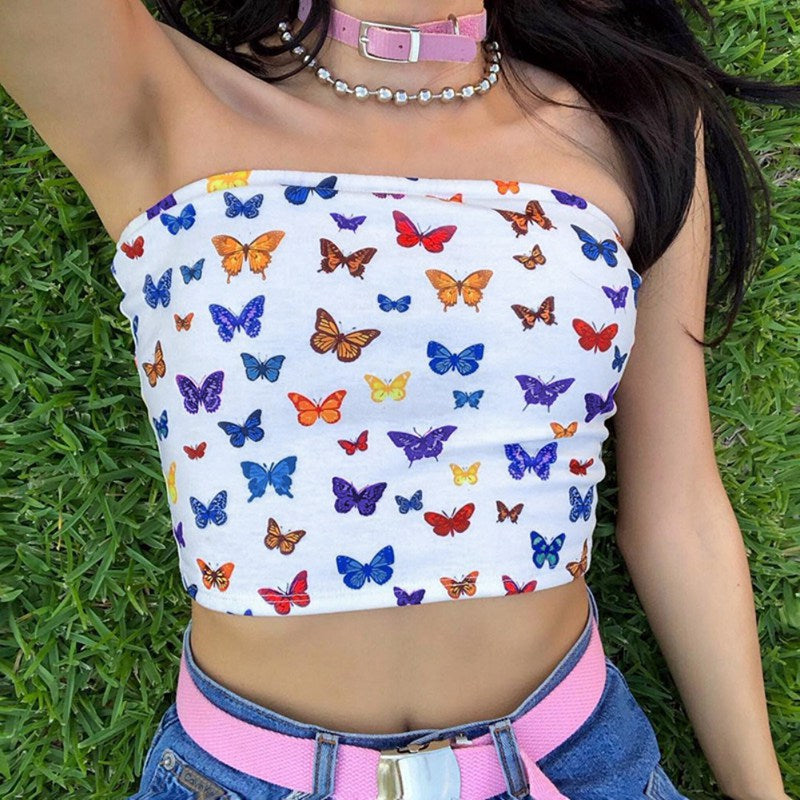 Women top Butterfly Pattern Print Cotton Colorful Slash Neck Tank Strapless Crop Top Camis Summer Casual Outwear