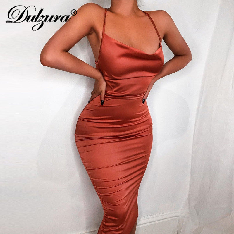 Dulzura neon satin lace up 2020 summer women bodycon long midi dress sleeveless backless elegant party outfits sexy club clothes