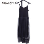 GALCAUR Spaghetti Strap Dress Female Tunic High Waist Mesh Patchwork Asymmetrical Midi Dresses 2020 Summer Fashion Sexy