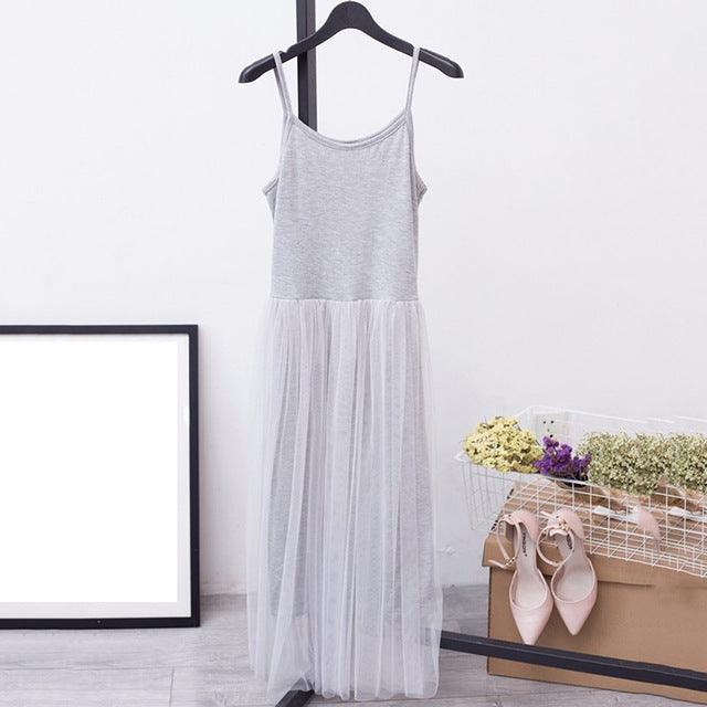 GALCAUR Spaghetti Strap Dress Female Tunic High Waist Mesh Patchwork Asymmetrical Midi Dresses 2020 Summer Fashion Sexy