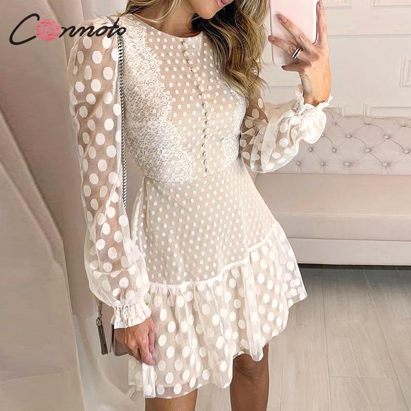 Conmoto Elegant White Mesh Party Dress Women Autumn Winter Short Vintage Polka Dot Print Lace Plus Size Dress Female Vestidos