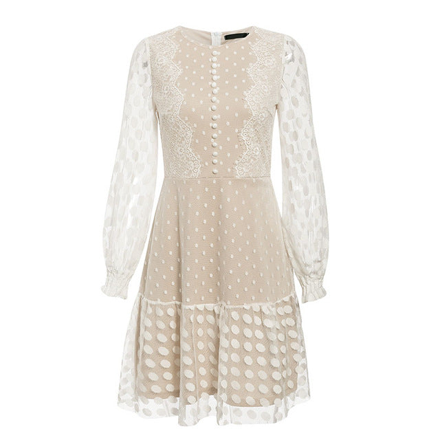 Conmoto Elegant White Mesh Party Dress Women Autumn Winter Short Vintage Polka Dot Print Lace Plus Size Dress Female Vestidos