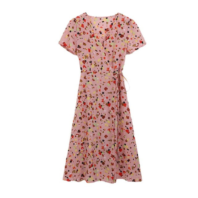 Sweet Red Floral Print A-Line Dress Summer V-Neck Wrap Bow Tie Split Dress 90s Streetwear Casual Dresses Vestido Sundress