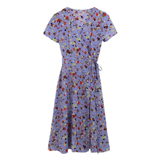 Sweet Red Floral Print A-Line Dress Summer V-Neck Wrap Bow Tie Split Dress 90s Streetwear Casual Dresses Vestido Sundress