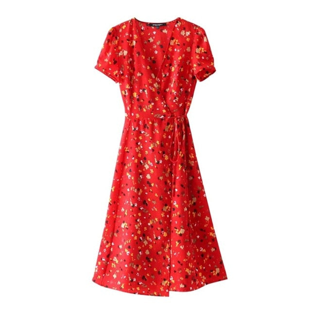 Sweet Red Floral Print A-Line Dress Summer V-Neck Wrap Bow Tie Split Dress 90s Streetwear Casual Dresses Vestido Sundress