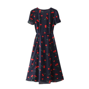 Sweet Red Floral Print A-Line Dress Summer V-Neck Wrap Bow Tie Split Dress 90s Streetwear Casual Dresses Vestido Sundress