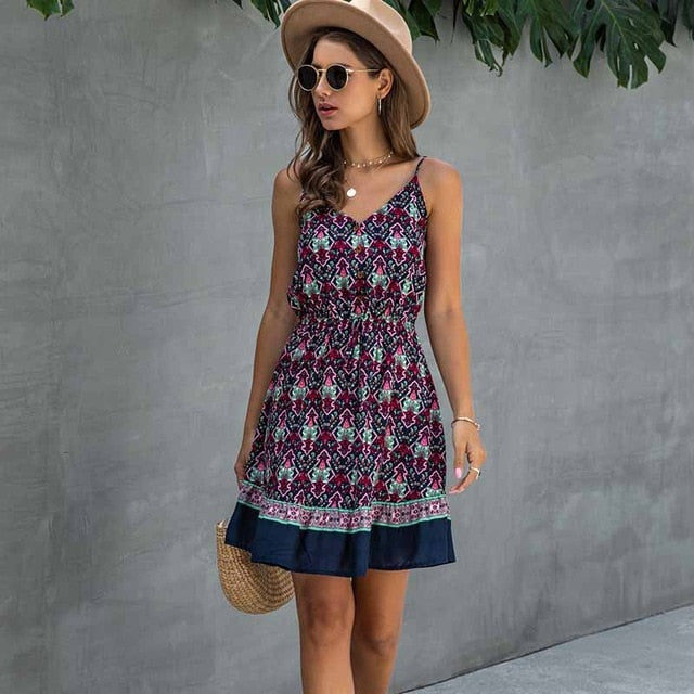 Summer Women Floral Dress Buttons Cotton Mini Sundress Fashion Beach Sexy Sleevees Clothes 2020 Halter Dress For Women Red