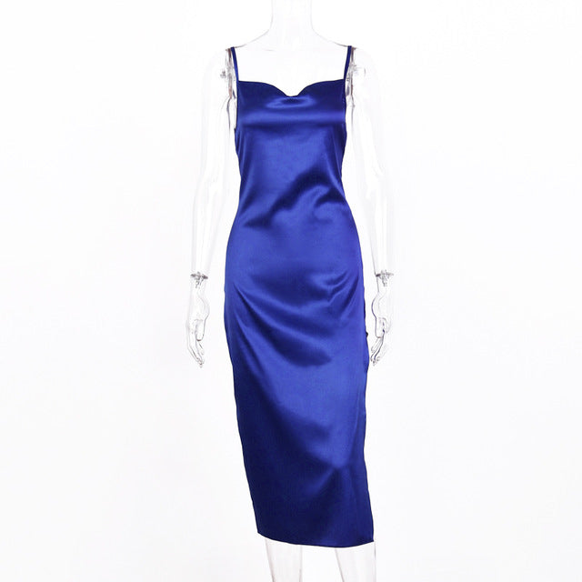 Dulzura satin silk women midi dress strap side slit backless sexy streetwear 2019 autumn winter party clothes elegant dinner
