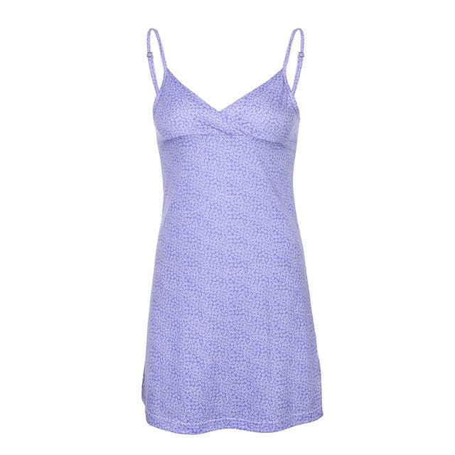 ZapOutlets V Neck Summer Dress Camis A-line Casual Floral Blue Short Dress Women Sexy Backless Club Dresses Woman Sleeveless 2020