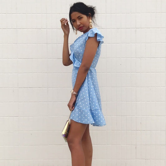 Women\'s  Dress Summer Sexy  V neck Dot Slim waist A-line Dress Fashion butterfly Sleeve Elegant Vintage Mini dress feminina