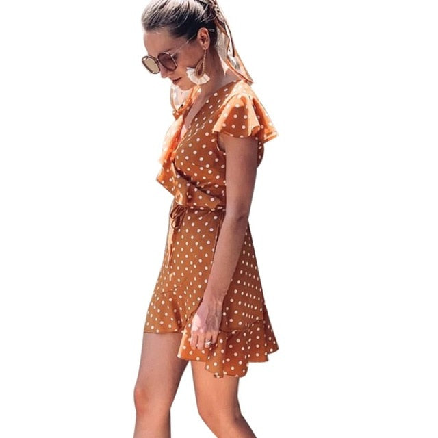 Women\'s  Dress Summer Sexy  V neck Dot Slim waist A-line Dress Fashion butterfly Sleeve Elegant Vintage Mini dress feminina