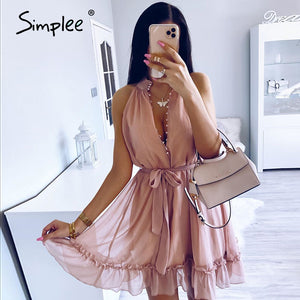 Simplee Sexy sleeveless women dress Solid ruffled sash buttons party summer dress Casual holiday ladies chiffon beach mini dress