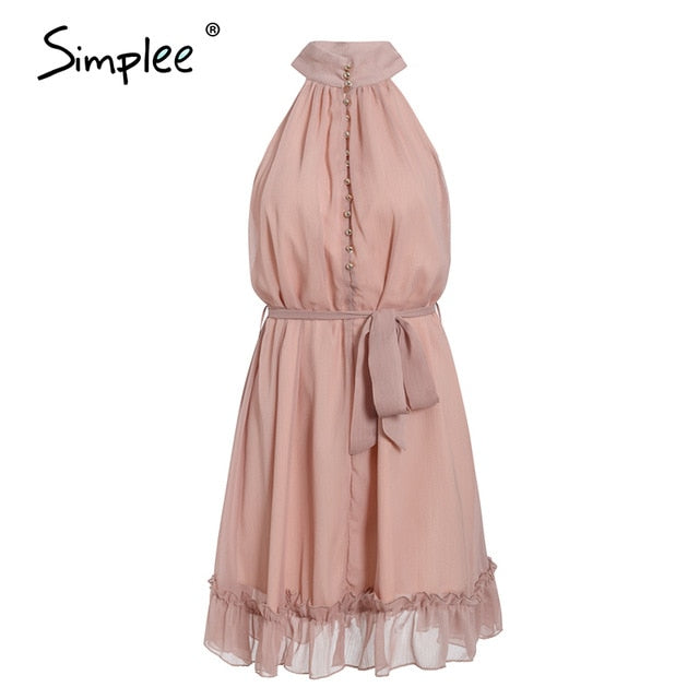 Simplee Sexy sleeveless women dress Solid ruffled sash buttons party summer dress Casual holiday ladies chiffon beach mini dress