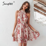 Simplee Sexy sleeveless women dress Solid ruffled sash buttons party summer dress Casual holiday ladies chiffon beach mini dress