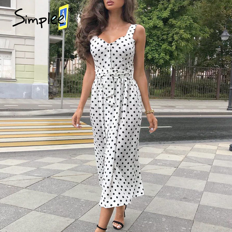 Simplee Polka dot women dress Sleeveless buttons belt bodycon beach midi dress Streetwear casual beach wear holiday summer dress