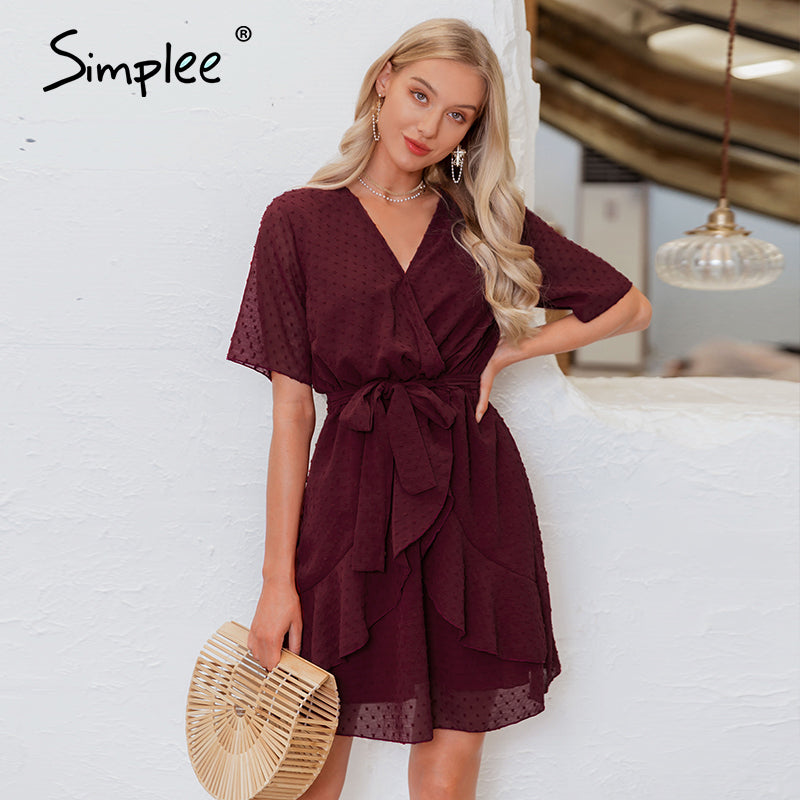 Simplee V-neck flower A-line summer dress women Ruffled sash belt wrap dress Short sleeve beach lining ladies short dress