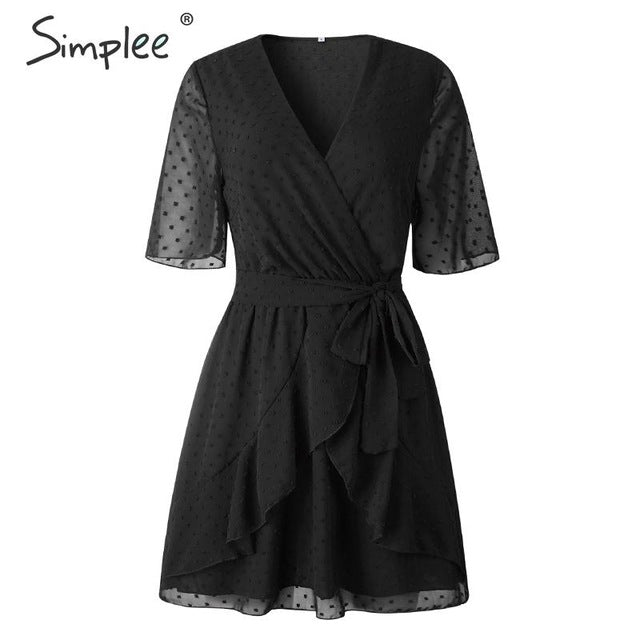 Simplee V-neck flower A-line summer dress women Ruffled sash belt wrap dress Short sleeve beach lining ladies short dress