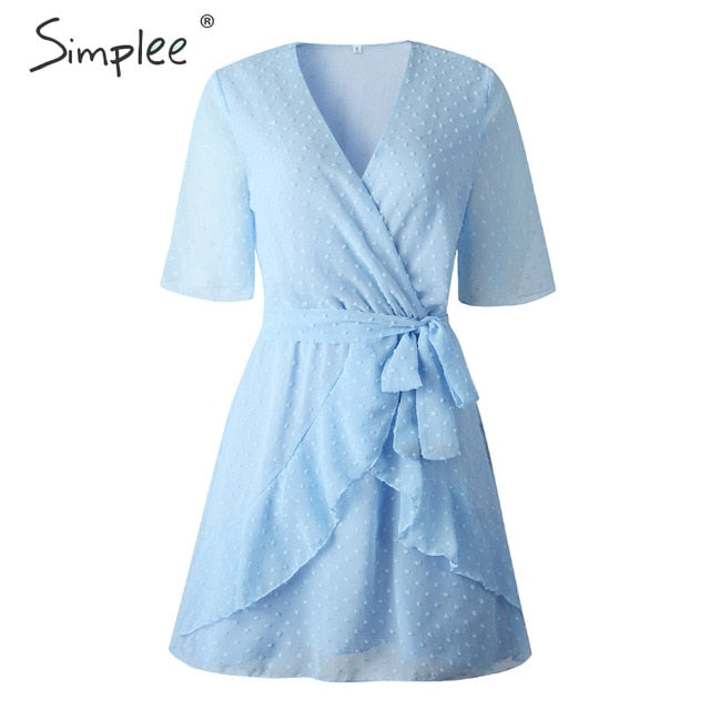 Simplee V-neck flower A-line summer dress women Ruffled sash belt wrap dress Short sleeve beach lining ladies short dress