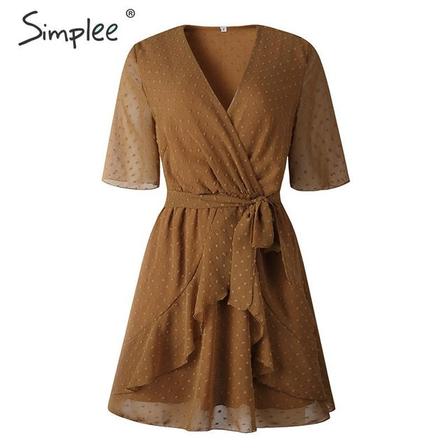 Simplee V-neck flower A-line summer dress women Ruffled sash belt wrap dress Short sleeve beach lining ladies short dress