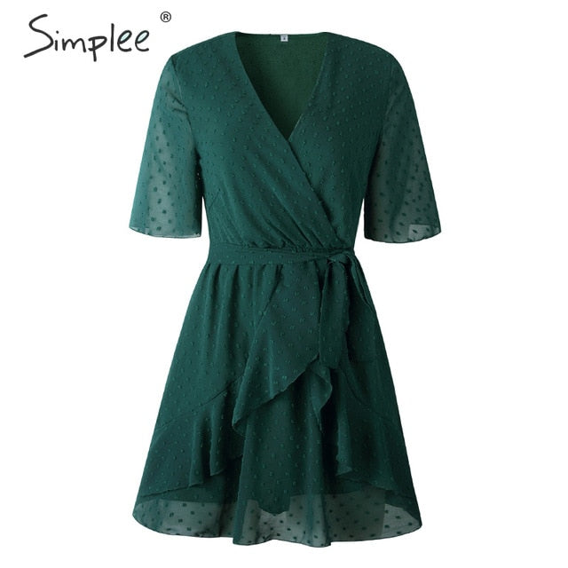 Simplee V-neck flower A-line summer dress women Ruffled sash belt wrap dress Short sleeve beach lining ladies short dress