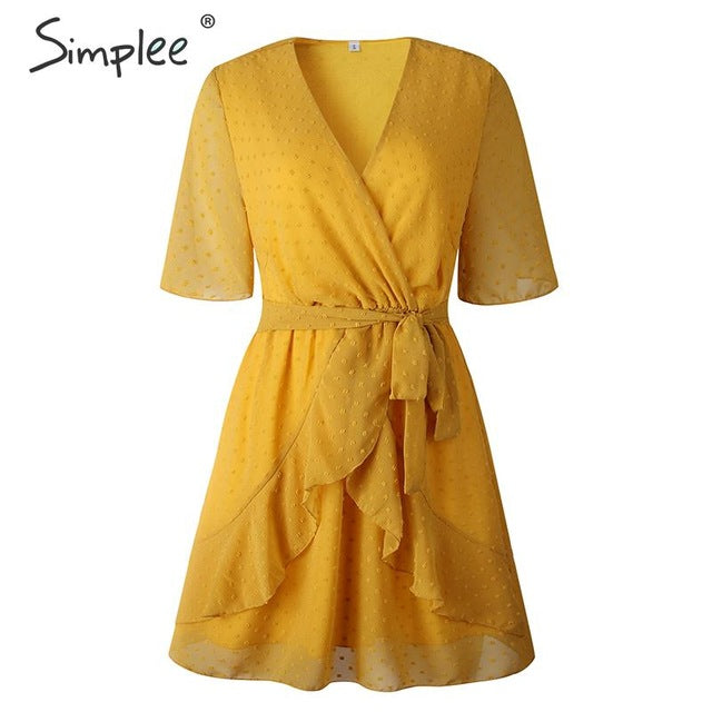Simplee V-neck flower A-line summer dress women Ruffled sash belt wrap dress Short sleeve beach lining ladies short dress