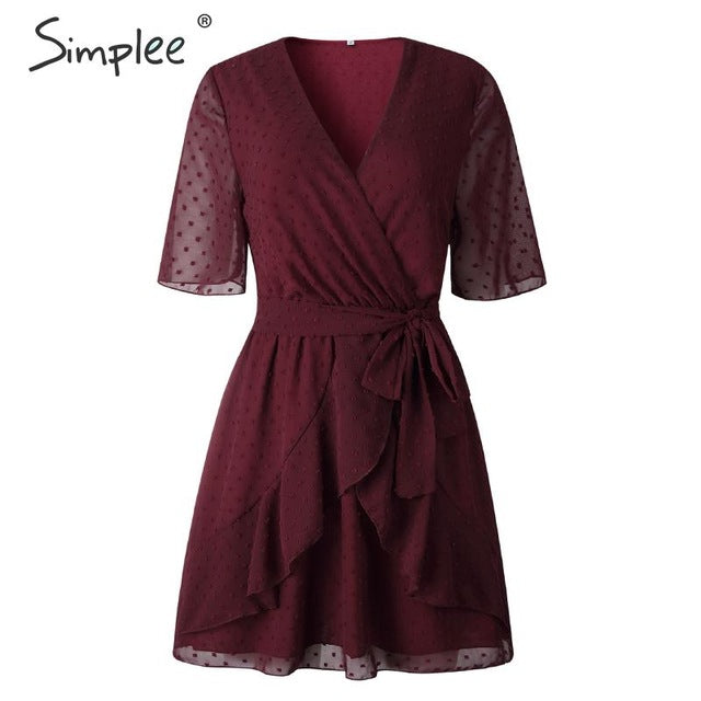 Simplee V-neck flower A-line summer dress women Ruffled sash belt wrap dress Short sleeve beach lining ladies short dress