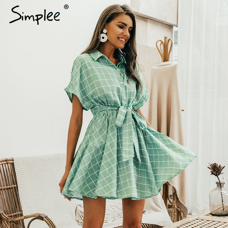Simplee Elegant plaid sashes women dress Short sleeve A-line casual streetwear female short dress Button summer dress 2019