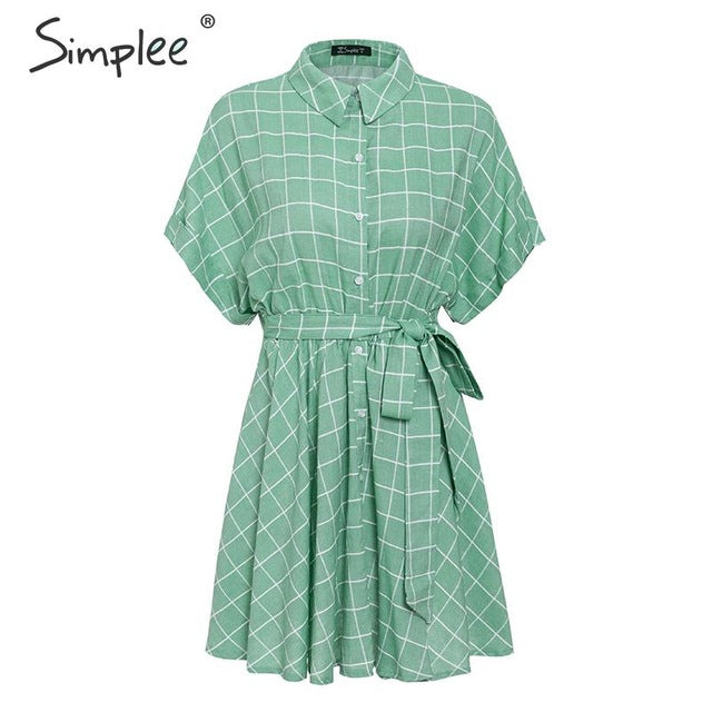 Simplee Elegant plaid sashes women dress Short sleeve A-line casual streetwear female short dress Button summer dress 2019