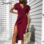 Simplee Sexy v neck women wrap dress Casual solid button female summer dress Elegant ladies cotton spring a line work midi dress