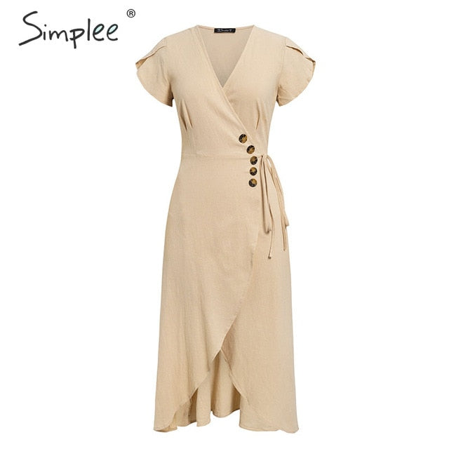 Simplee Sexy v neck women wrap dress Casual solid button female summer dress Elegant ladies cotton spring a line work midi dress
