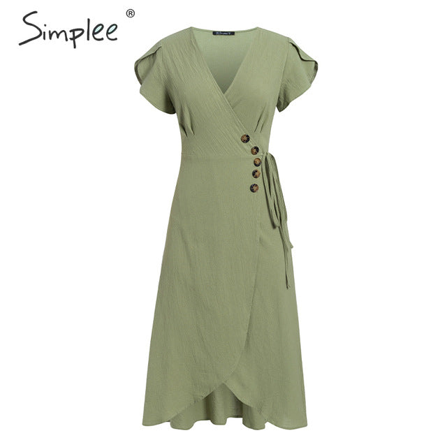 Simplee Sexy v neck women wrap dress Casual solid button female summer dress Elegant ladies cotton spring a line work midi dress