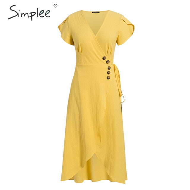 Simplee Sexy v neck women wrap dress Casual solid button female summer dress Elegant ladies cotton spring a line work midi dress