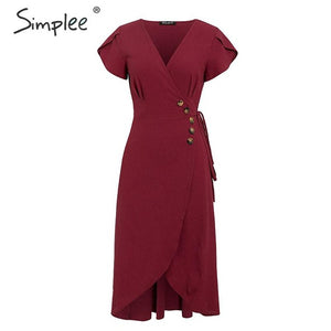 Simplee Sexy v neck women wrap dress Casual solid button female summer dress Elegant ladies cotton spring a line work midi dress